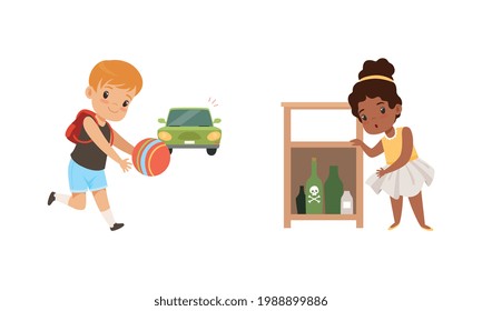 Kids in Dangerous Situations Set, Cute Girl Reaching for Hazardous Substances, Boy Playing Ball in front of Moving Car Cartoon Vector Illustration