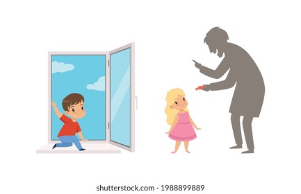 Kids In Dangerous Situations Set, Cute Boy Playing In Front Of Opened Window, Suspicious Stranger Offering Candy To Little Girl Cartoon Vector Illustration