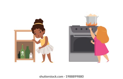 Kids in Dangerous Situations Set, Girl Reaching for Hazardous Substances and Hot Saucepan Cartoon Vector Illustration