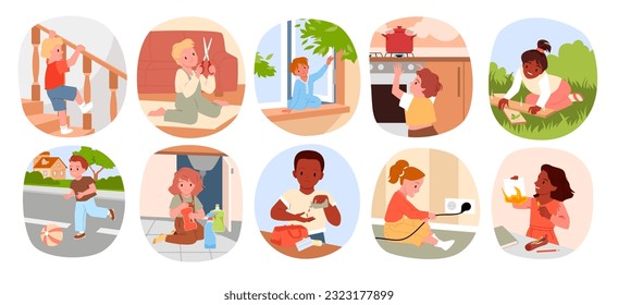 Kids in dangerous situations set vector illustration. Cartoon isolated infographic collection of danger for boys and girls with bad behavior, risk of injury and eating poison, fire burns and falls