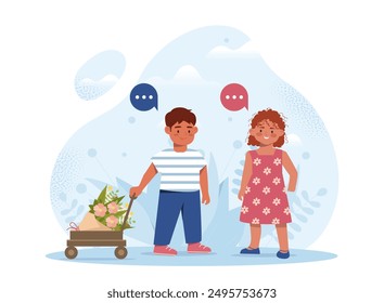 Kids at date. Boy gives girl bouquet. Friends at romantic meeting. Love and romance. Little boyfriend with girlfriend spend time together. Flat vector illustration isolated on white background