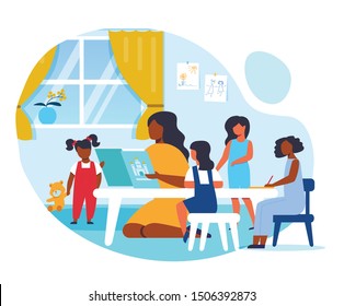 Kids at Day Care Center Flat Vector Illustration. Young Nanny and Preschoolers Cartoon Characters. Babysitter, Educator Reading Children Book, Fairy Tale. Kindergarten, Professional Babysitting