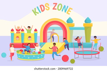 Kids day care playground. Girls and boys playing in room with trampolines, bouncy castles, soft pool and slide. Playroom center vector scene. Illustration kid zone with trampoline activity