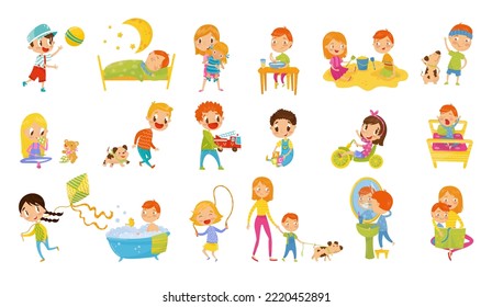 Kids Day with Little Boy and Girl Playing Toys, Walking, Waking Up, Eating Breakfast and Bathing Vector Set