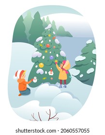 Kids decorate Christmas tree with festive decoration in snowy winter forest landscape vector illustration. Cartoon cute children playing outside, girl holding star toy. Xmas holiday activity concept