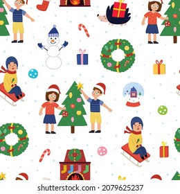 Kids decorating Christmas tree seamless pattern. Winter background with girl and boy. Xmas holiday print with children. Vector illustration