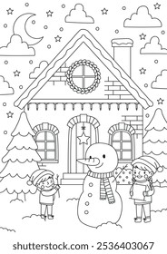 Kids decorating a snowman vector line drawing illustration