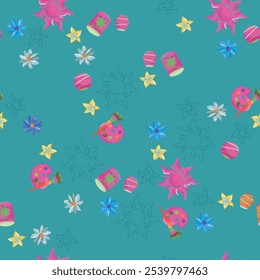 Kids Decorative Seamless Pattern with stars and flowers
