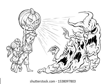 Kids defend themselves against nightmares with Jack-o-Lantern. Vector coloring page. Sister hides behind the back of her brother, who raised a carved pumpkin over his head to scare away the monsters