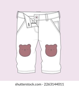 Kids denim flat sketch illustration with knee patch details