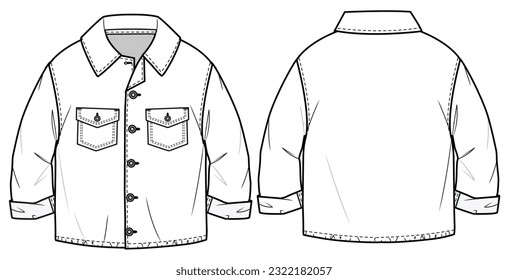 Kids Denim Jacket, Kids Button Down Jackets Front and Back View. Fashion Flat Sketch Vector Illustration, CAD, Technical Drawing, Flat Drawing, Template, Mockup.