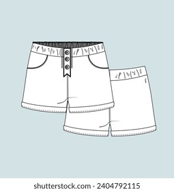 kids denim shorts flat sketch illustration