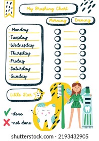 Kids dental brushing teeth chore charts. Children Notepad schedule template with character Fairy Tooth. Vector cartoon flat illustration clipart