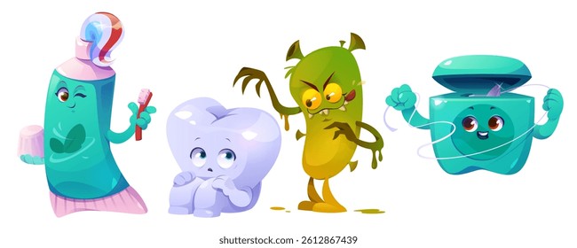 Kids dental care characters set isolated on white background. Vector cartoon illustration of cute toothpaste tube, tooth floss, scared molar, green caries microbe mascots, dentist clinic, oral hygiene