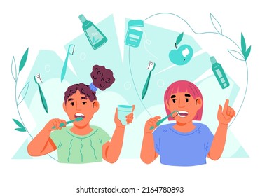 Kids Dental Care And Pediatric Dentistry Clinic Banner Template, Flat Vector Illustration Isolated On White Background. Group Of Children Brushing Teeth. Dental Hygiene Products And Services.