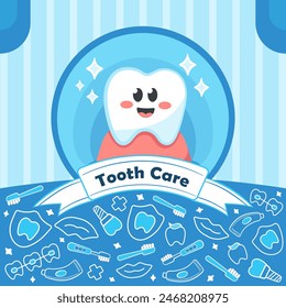 Diseño de póster de cuidado dental para niños con lindo personaje de dibujos animados de dientes kawaii, higiene oral, Anuncio de odontología para niños mes de cuidado dental