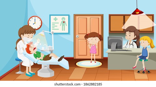 Kids in dental clinic with dentist scene illustration