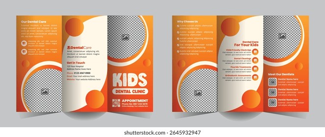 Kids Dental Healthcare Tri-Fold Brochure Design for Hospitals or Clinics. A sleek, professional template for promoting services, Teeth and oral treatments, and patient care offerings