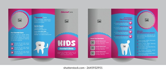 Kids Dental Healthcare Tri-Fold Brochure Design for Hospitals or Clinics. A sleek, professional template for promoting services, Teeth and oral treatments, and patient care offerings