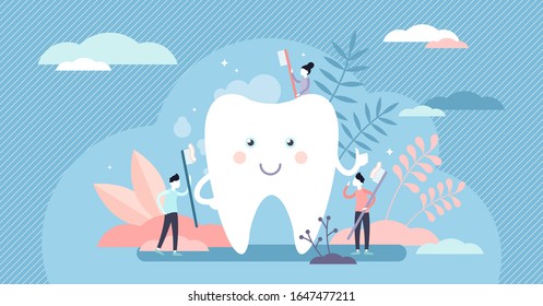 Kids dentist concept, flat tiny persons vector illustration. White, clean and smiling tooth cartoon character with children brushing and cleaning. Mouth hygiene motivation as fun cartoon poster.