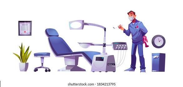 Kids dentist doctor in dental clinic stomatology cabinet, orthodontist with mirror and toy at workplace with modern chair equipped with integrated engine and surgical light cartoon vector illustration