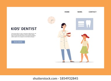 Kids dentist website interface template with doctor explains oral hygiene rules to child, flat vector illustration. Web page mockup for children dentistry or stomatology.