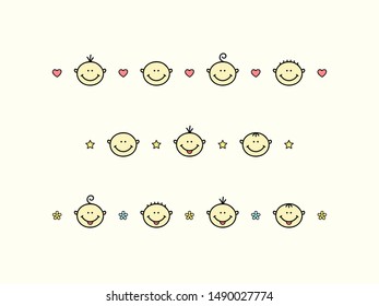 Kids design elements. Happy babies or children with hearts, stars and flowers in lines - cartoon vector illustration.
