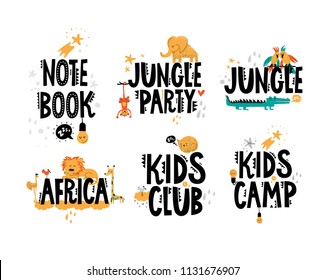 KIDS Design-Zitate mit süßen Tieren im Cartoon-Stil. Kinder Design Elemente. Handgezeichnet. Notiz Buch, Jungle Party, Afrika, Kinderclub, Kinderlager. Vektorgrafik