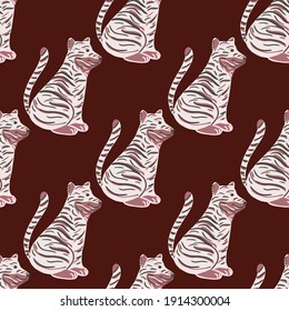 Kids design seamless pattern with light doodle tiger ornament. Maroon background. Hand drawn style. Flat vector print for textile, fabric, giftwrap, wallpapers. Endless illustration.