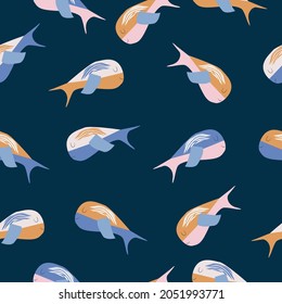 Kids design. Vector hand-drawn colored childish seamless pattern with whales in scandinavian style. Cute baby animals. Pattern for kids with whales. 