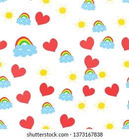 Kids design vector seamless pattern. Bright colorful Hand drawn doodle Rainbow, cloud and hearts