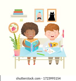 Kids at desk at school or kindergarten study, learn and draw. Happy laughing friends boy and girl at school happy education. Vector watercolor style cartoon.