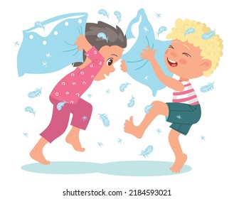 Kids destroy. Children bad behavior. Happy hyperactive boys fight with pillows. Destructive active games. Home mess. Flying feathers. Friends playing together. Cushions battle. Vector illustration