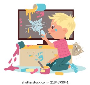 Kids Destroy. Children Bad Behavior. Naughty Boy Painting Wall And Drawing On Blackboard With Chalk. Dirty Paint Spots Or Splash. Baby Spoiling Things. Home Mess. Destructive Game. Vector Illustration