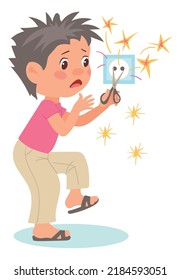 Kids destroy. Children bad behavior. Naughty boy playing with electricity socket and scissors. Fidgets destructive harmful action. Dangerous game. Baby breaking electrical adaptor. Vector illustration