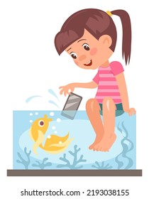 Kids destroy. Children bad behavior. Naughty girl putting smartphone into aquarium. Mischievous teenager breaking device. Fidget spoiling phone. Destructive game