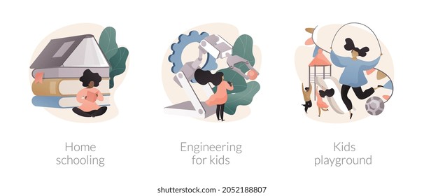 Kids development abstract concept vector illustration set. Home schooling, engineering for kids, outdoor playground, education plan, fun learning activities, play area, having fun abstract metaphor.