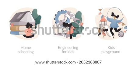 Kids development abstract concept vector illustration set. Home schooling, engineering for kids, outdoor playground, education plan, fun learning activities, play area, having fun abstract metaphor. Foto stock © 