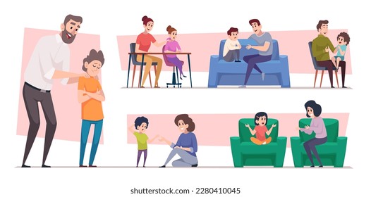 Kids dialog. Family talks mother and father talking with kids exact vector characters