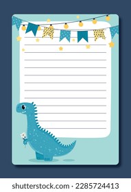 Kids diary with dino. Sheet of notebook or card with animals BC, Jurassic period. To do list and memo. Time management and organization of efficient workflow. Cartoon flat vector illustration