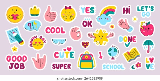 Kids diary stickers. Funny planners or personal journal badges. Cute daily list decoration elements, hands, sun, apple, stars, texts, neoteric vector design