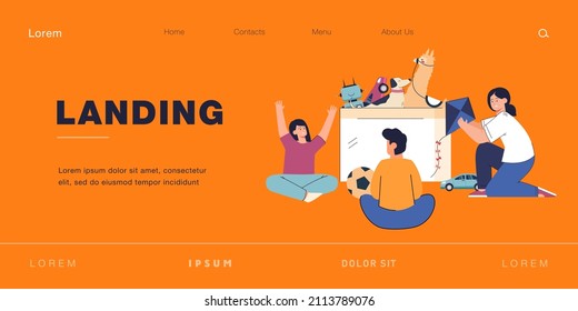 Kids of different age playing with box full of toys. Flat vector illustration. Cartoon boys, girls having fun with kite, ball, toy robot, cars on white background. Playtime, friendship, game concept