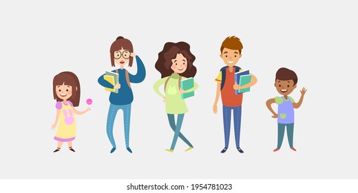 Kids of Different Ages. Character set in cartoon flat style. 