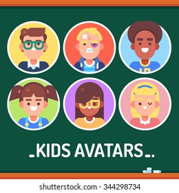 Kids different avatars. Boys: nerd, bully, sportsman. Girls: funny, nerd, beauty. Vector flat illustrations.