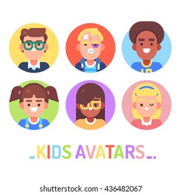 Kids different avatars on white. Boys: nerd, bully, sportsman. Girls: funny, nerd, beauty. Vector flat illustrations.