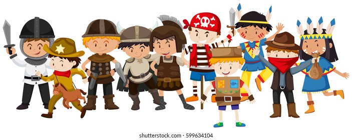 Kids in different costumes illustration