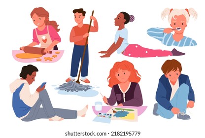 Kids in different daily routine activities. Morning washing up and yoga training, cooking and home cleaning, time hobby painting, friends phone messaging vector illustration