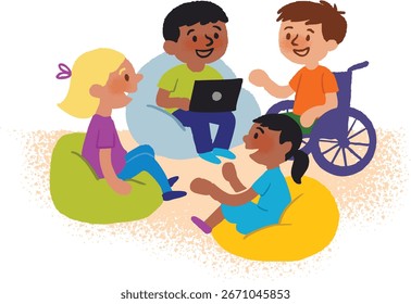 Niños de diferentes etnias y discapacidades aprendiendo juntos Concepto de Educación