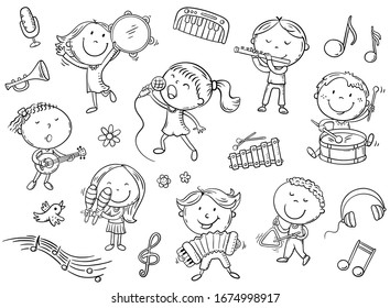 Kids with different musical instruments, playing music and singing, line art vector illustration