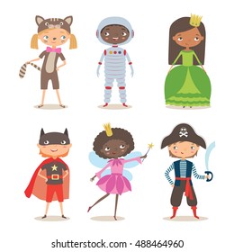 Kids of different nation in costumes for party or holiday. Pirate, fairy, superhero, princess, astronaut and kitten. Cartoon vector illustration 